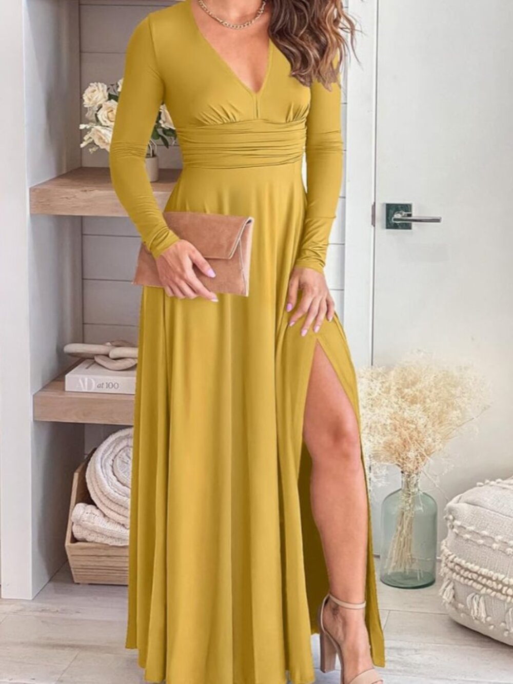 Mustard Yellow Deep V-Neck Long Sleeve Maxi Dress With Slit